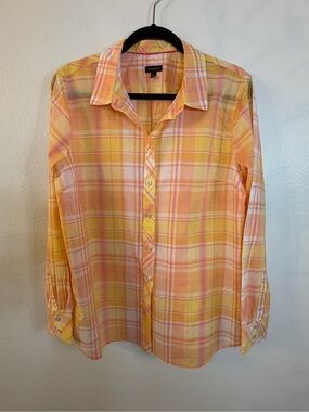 Talbots Blouse Lightweight Size XL Yellow Pink Plaid Long Sleeves Cotton